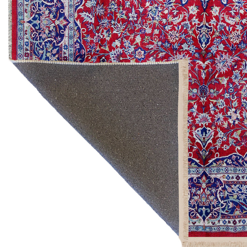 Tapis décoratif rétro à motif floral bleu et rouge, Rectangle 4 pi 11,06 po x 7 pi 6,55 po