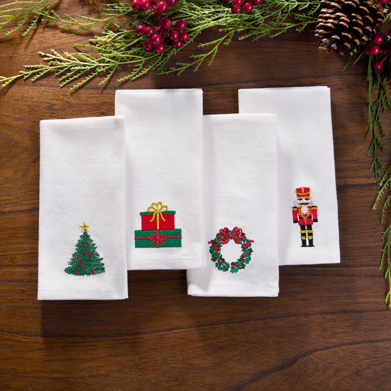 Serviettes de Noël Holiday en coton brodé, Blanc