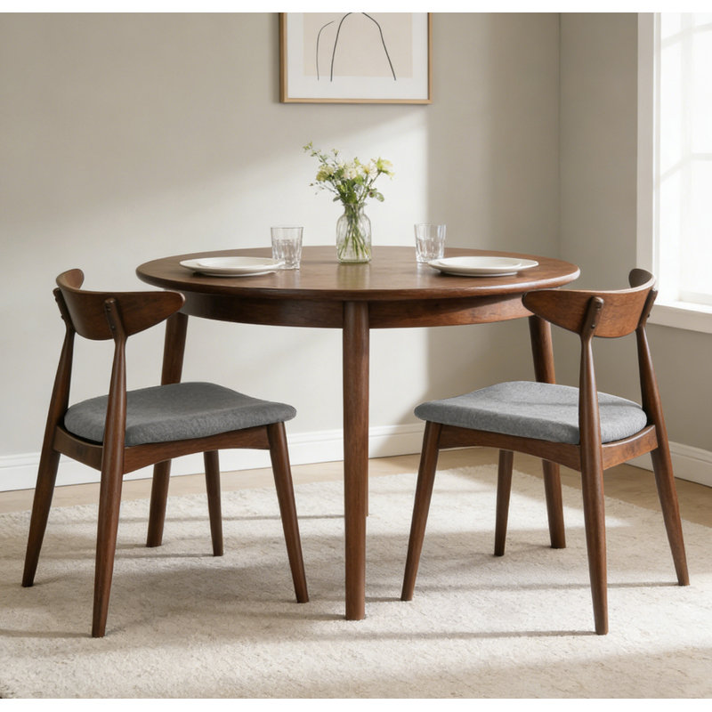 Ensemble de 2 chaises en bois d'hévéa rétro avec dossier incurvé et coussin, Gris clair, Dark Brown Wood
