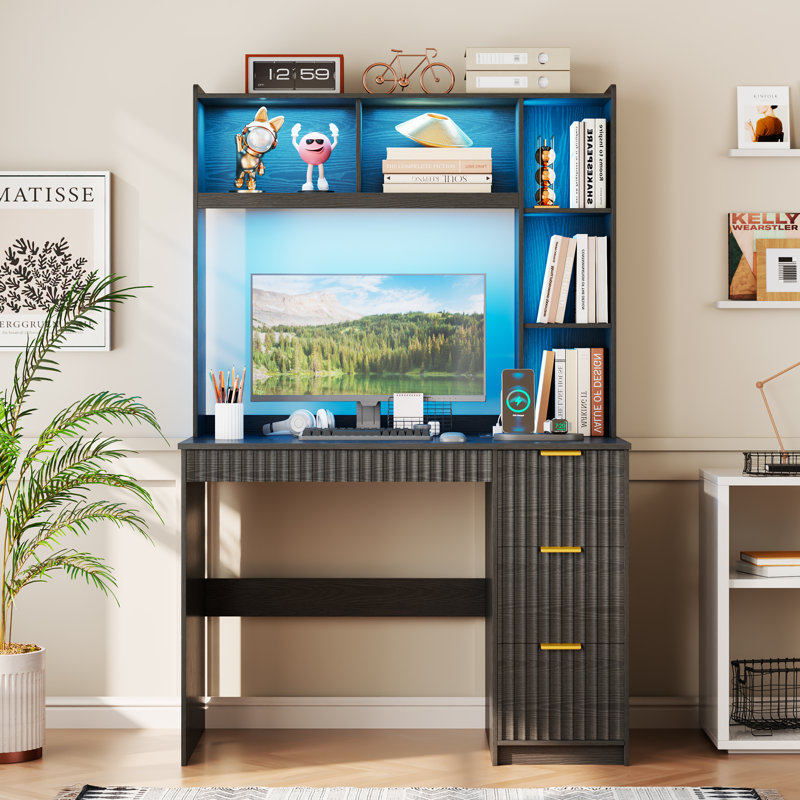 4-Drawer Computer Desk with Bookshelves and Led Lighting, Home Office Desk with Charging Station, Black