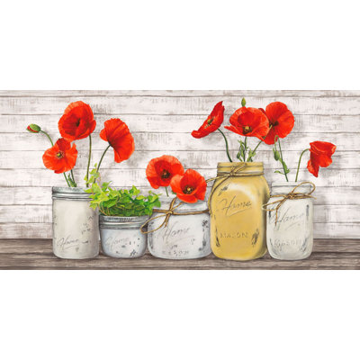Poppies In Mason Jars by Jenny Thomlinson - Wrapped Canvas Painting