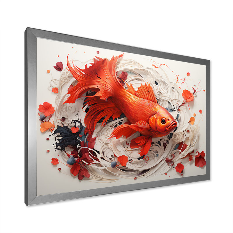 Kois rouge et gris nageant avec sérénité sur toile, Cadre simple argenté, H 24 po x l 32 po x P 1 po