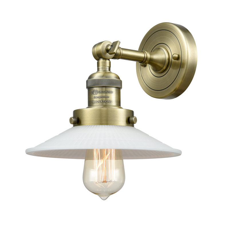 Miramontes Dimmable Bath Sconce, 6 Watt Vinage LED Bulb, Antique Brass, Clear Halophane