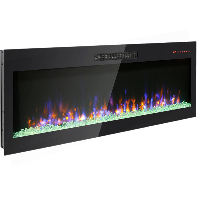 50 Inch Recessed Ultra Thin Tempered Glass Front Wall Mounted Electric Fireplace With Remote And Multi Color Flame & Emberbed, LED Light Heater