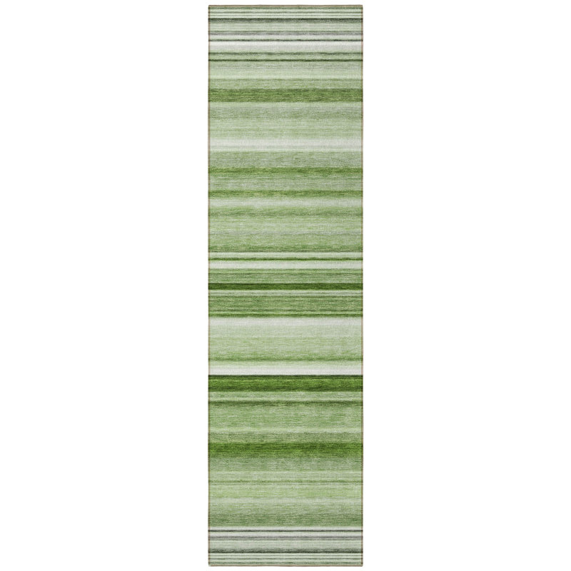 2' X 8' Artichoke Green Striped Washable Indoor Outdoor Runner Rug