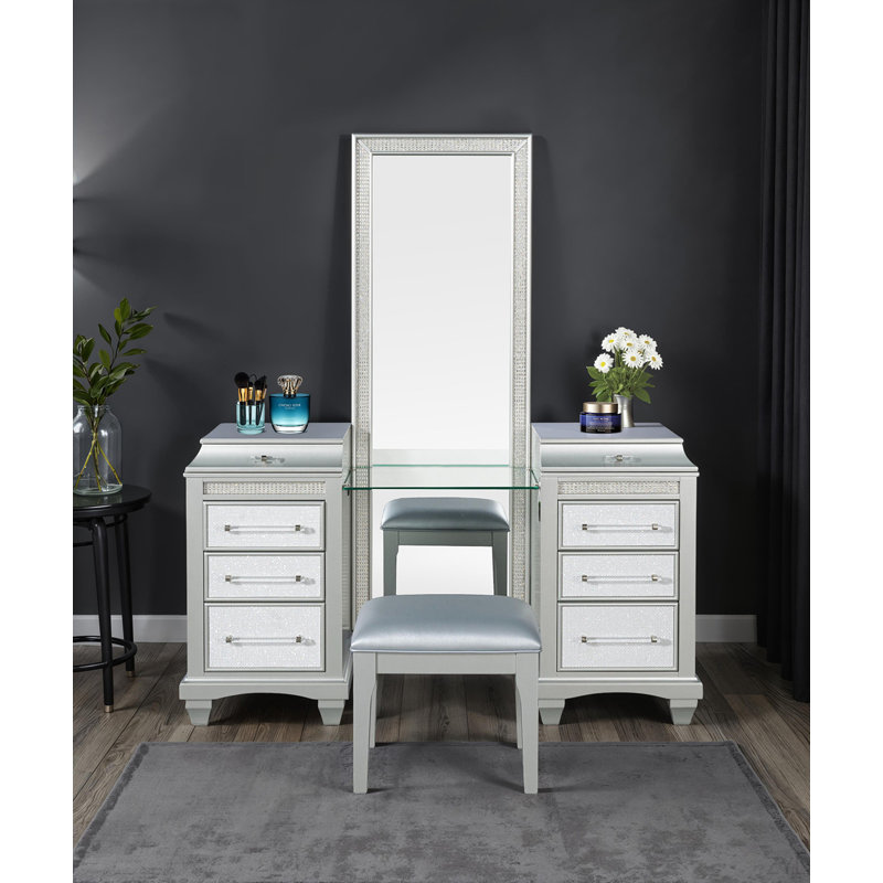 Glam Style Vanity W/ Stool Set Acrylic Handles Felt Lined Top Drawers Ball Bearing Glides Power Outlet LED On Mirror Gray Finish Bedroom Furniture