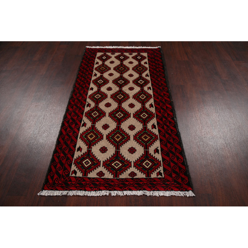 Tapis unique rouge / beige en laine nouée à la main nouvel âge de style oriental 2 pi 11 po x 5 pi 5 po