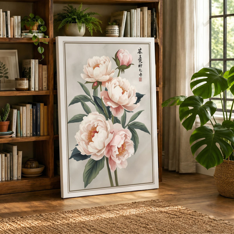 Peonies in Bloom Botanical - Wrapped Canvas, 24x16 - 61.0 x 40.6 cm, White Border