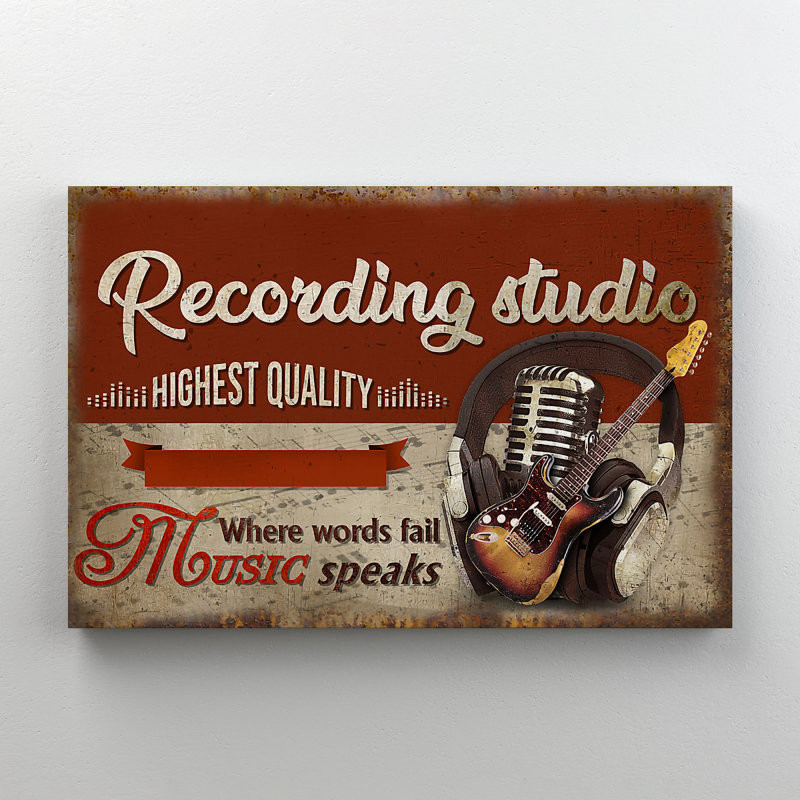 Guitare et outils d'enregistement de musique - «Where The Words rat Music Speaks», reproduction d'art graphique sur toile tendue
