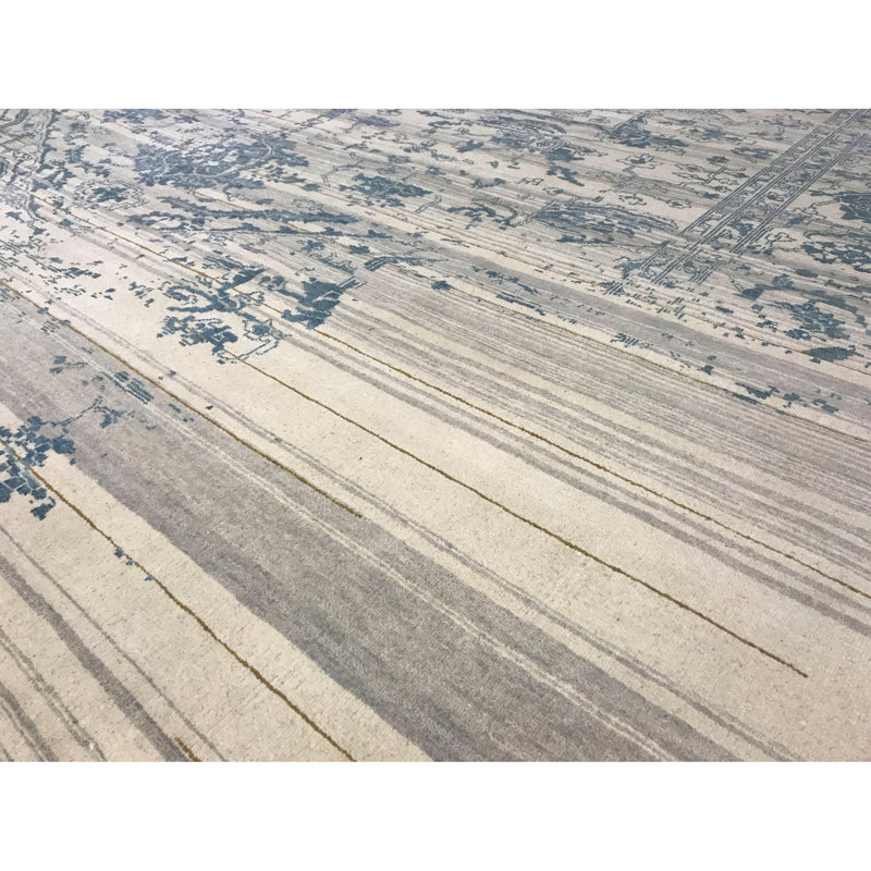 Tapis ivoire et bleu noué à la main de haute qualité