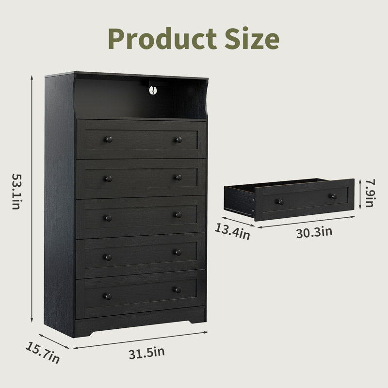 80 cm W Chest of 5 Drawers, Black