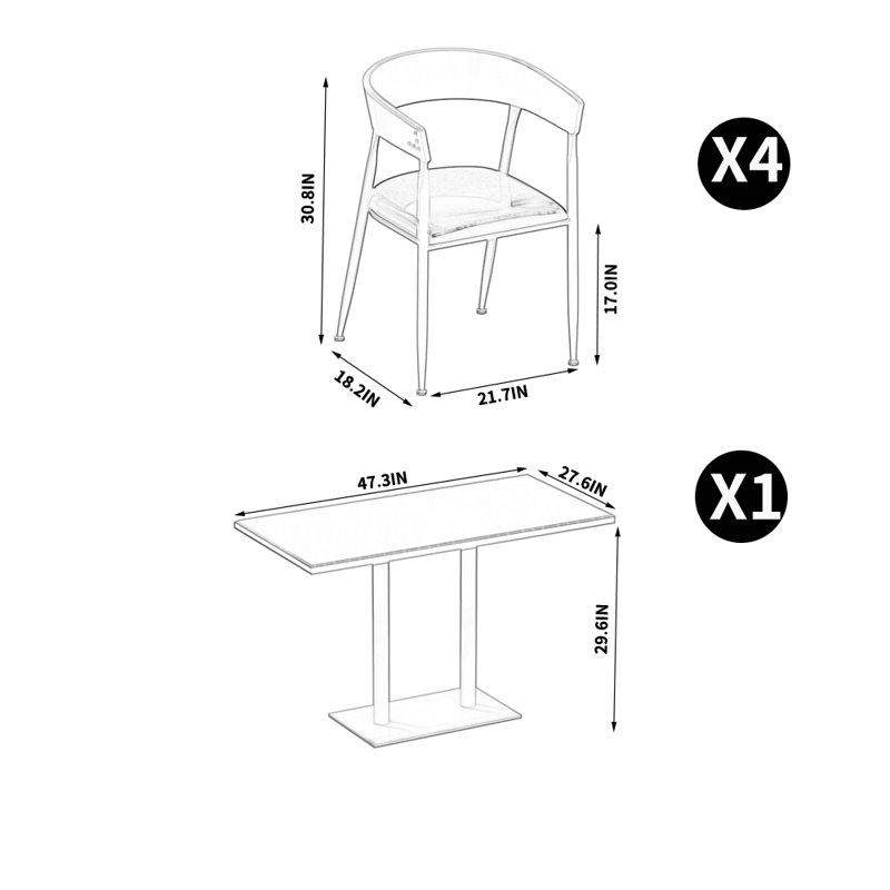 Ensemble de salle à manger 5 pièces, H 29,6 po x L 47,3 po x l 27,6 po, Noir