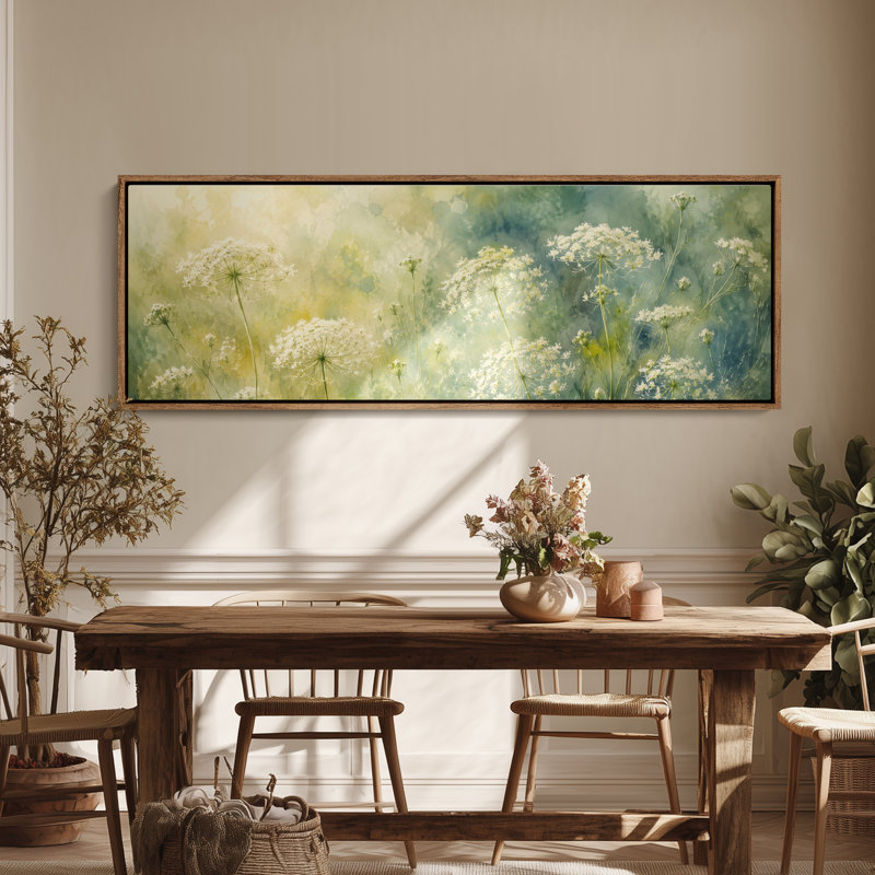 Grande toile encadrée - Décoration botanique Prairie de fleurs sauvages blanches - 152 x 51 cm, 152 x 76 cm, Naturel
