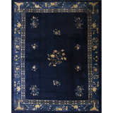 Rectangle Wool Antique 1920s Blue Hand Knotted Pile Floral Rug