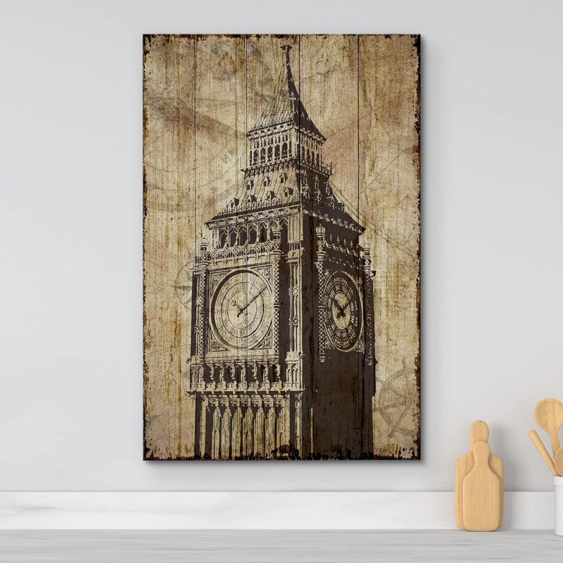 Panneau de bois antique Big Ben, Angleterre britannique sur toile, H 18 po x l 12 po x P 1,5 po