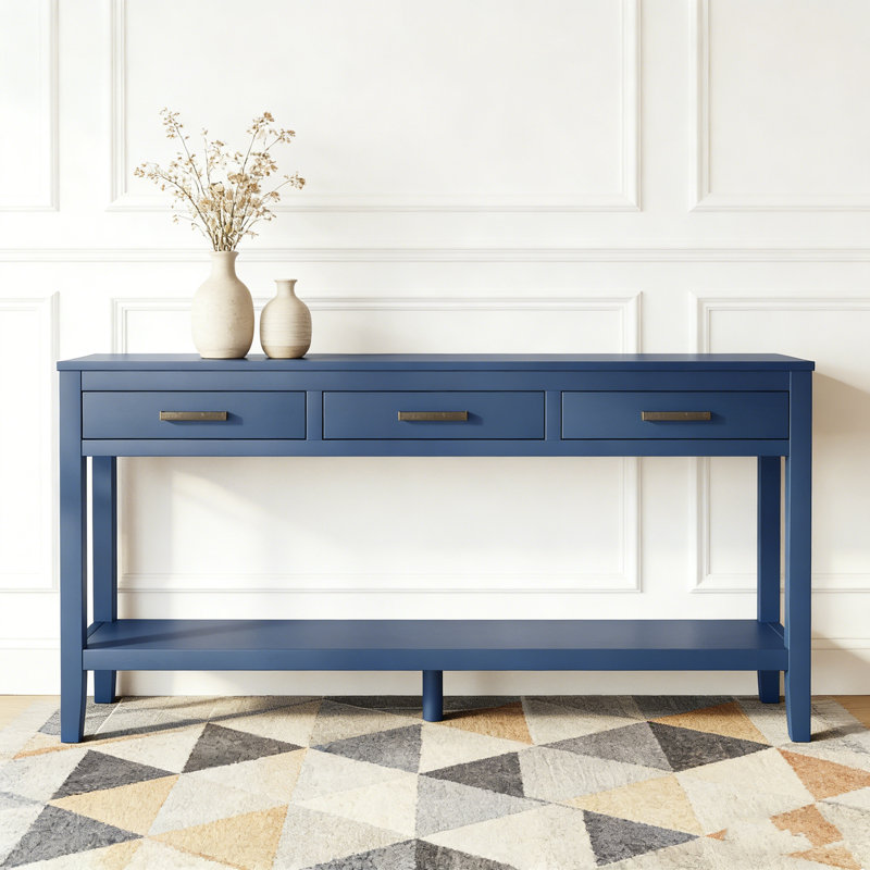Console 59,1 po avec 3 tiroirs - poignées en fer et tablette inférieure pour la maison et le bureau, Marine