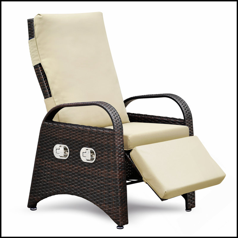 Fauteuil inclinable d'extérieur avec mécanisme de réglage séparé, osier en PE, dossier et repose-pieds réglables, coussin moelleux amovible pour un bain de soleil et de détente