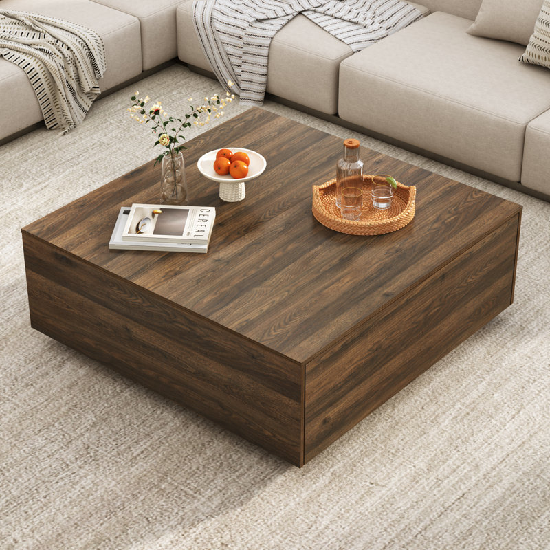 43" Modern Square Coffee Table With 2 Drawers, Large Square Center Table, Wood Coffee Table For Living Room, Walnut
