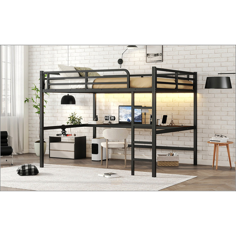 Grand lit mezzanine en métal avec prise de courant et éclairage DEL