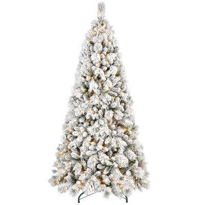 Flocked Christmas Tree with 750 Warm White LED Lights – 1964 Tips, Snowy PVC & Hard Needle Branches, Hinged Design for Easy Setup, Sturdy Metal Stand – Full & Realistic Holiday Tree