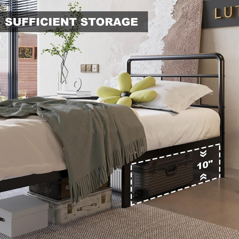 Structure de lit simple de 12 pouces avec tête et pied de lit de style victorien rétro, aucun sommier requis, sommier en métal robuste, silencieux, assemblage facile, noir