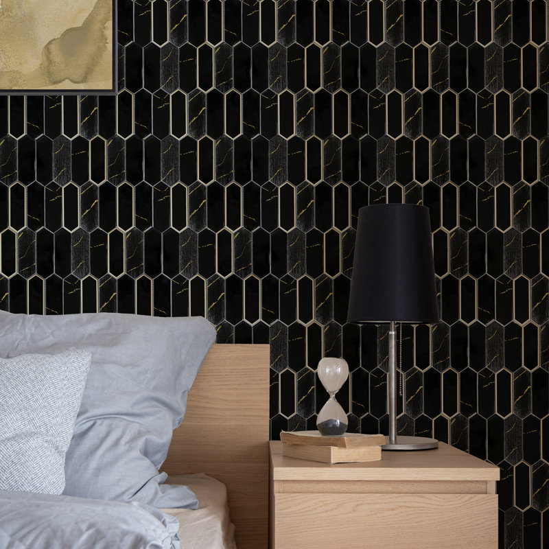 Glass Mosaic Wall Tile, Black & Gold Glazed