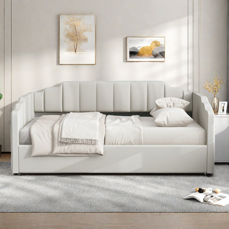 Lit de jour moderne rembourré avec plateau de rangement en dessous et motif à rayures verticales, Beige, Complet/Double