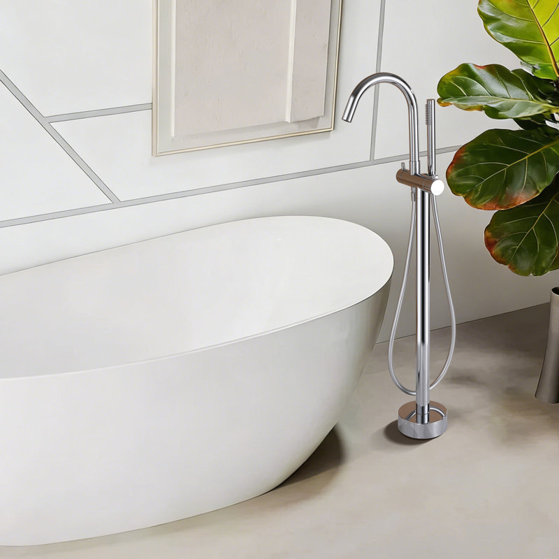 39"H Single Handle Floor Mounted Freestanding Tub Filler With Handheld Shower, Chrome