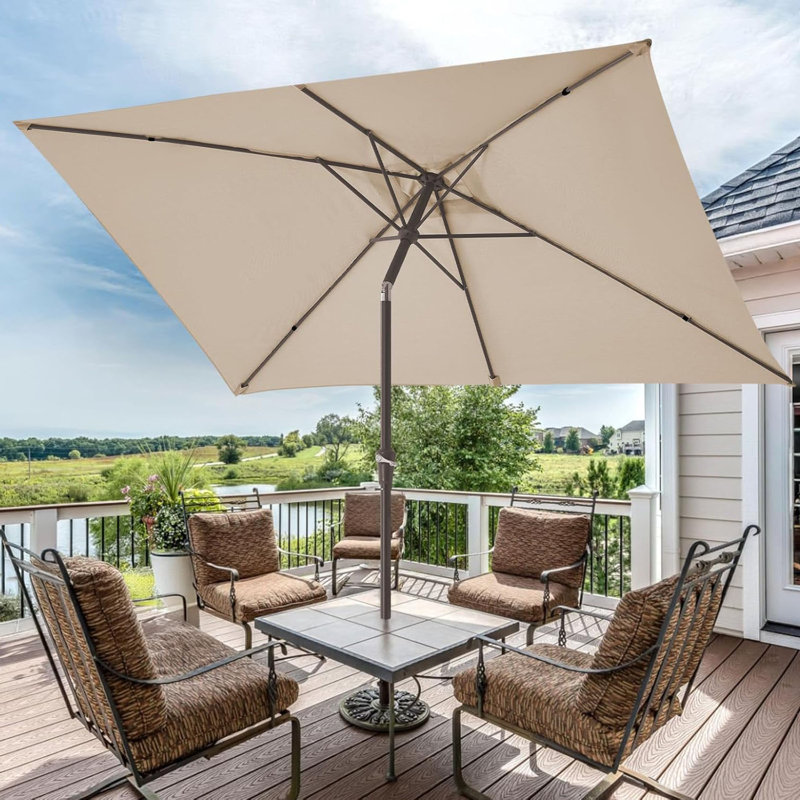  Parasol d'extérieur, parasol rectangulaire rectangulaire de 6,5 x 10 pi avec bouton-poussoir inclinable et manivelle, parasol de table de marché, 6 nervures robustes, protection contre les rayons UV pour la terrasse du jardin près de la piscine, beige