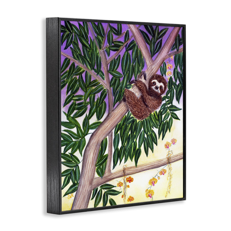 «Sloth In Tree with Smile», conception par Sarah Waldron Kimball, H 14 po x l 11 po, Giclée encadrée noir minuit