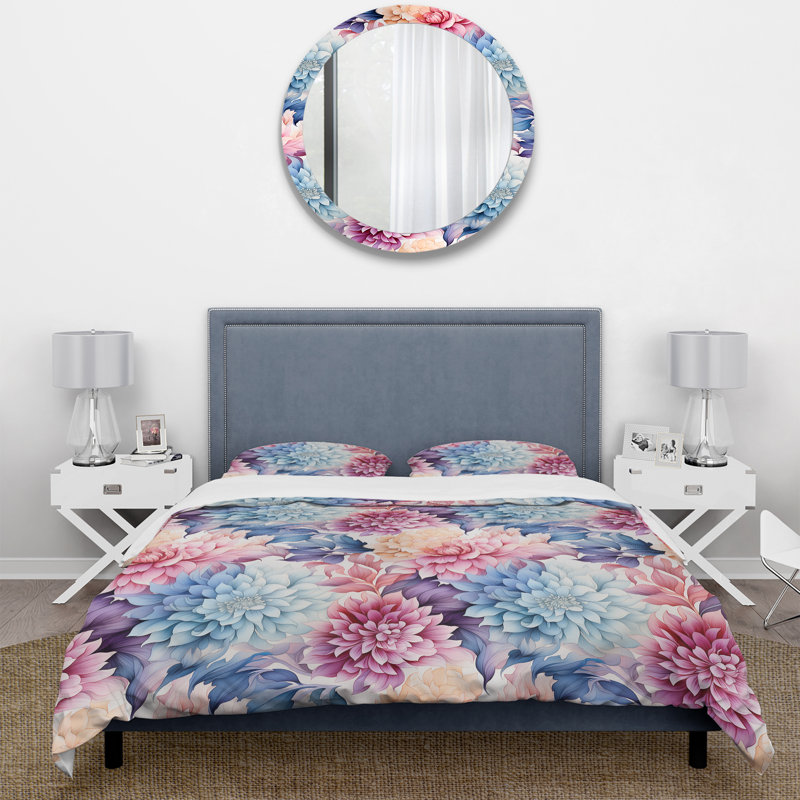 Watercolor Damask Dahlia Mirage - Ensemble de housse de couette à motif floral