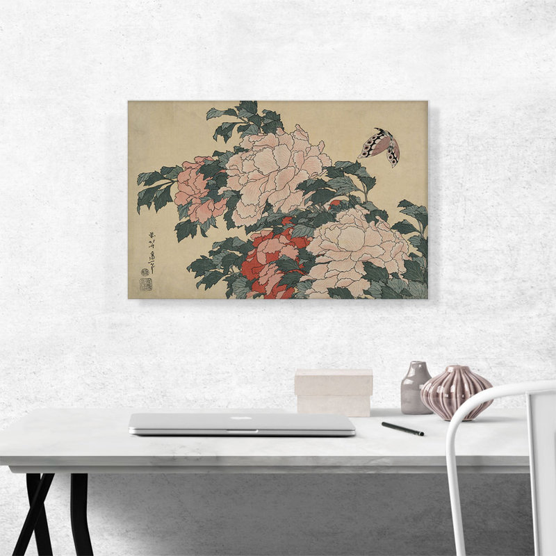 "Pivoines et papillon 1833" par Katsushika Hokusai - reproduction d'art sur toile tendue, H 18 po x l 26 po x P 0,75 po