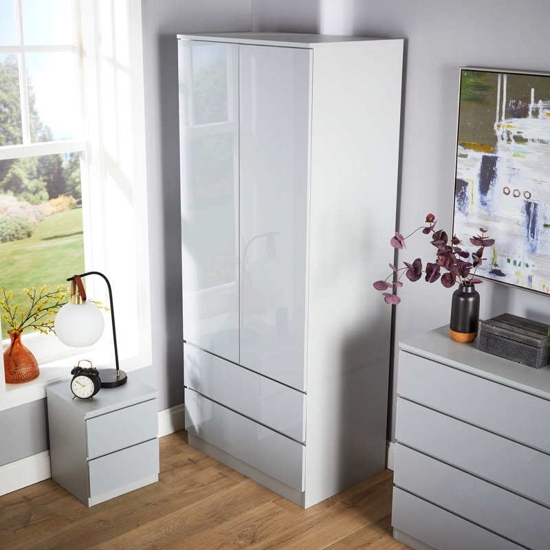 Rishin 2 Door 2 Drawer High Gloss Wardrobe Storage Unit, Grey