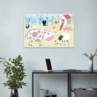 «Farm Farm Friends Playful Whimsical Abstract Bird Cat Cow Forest Landscape», reproduction d'art mural