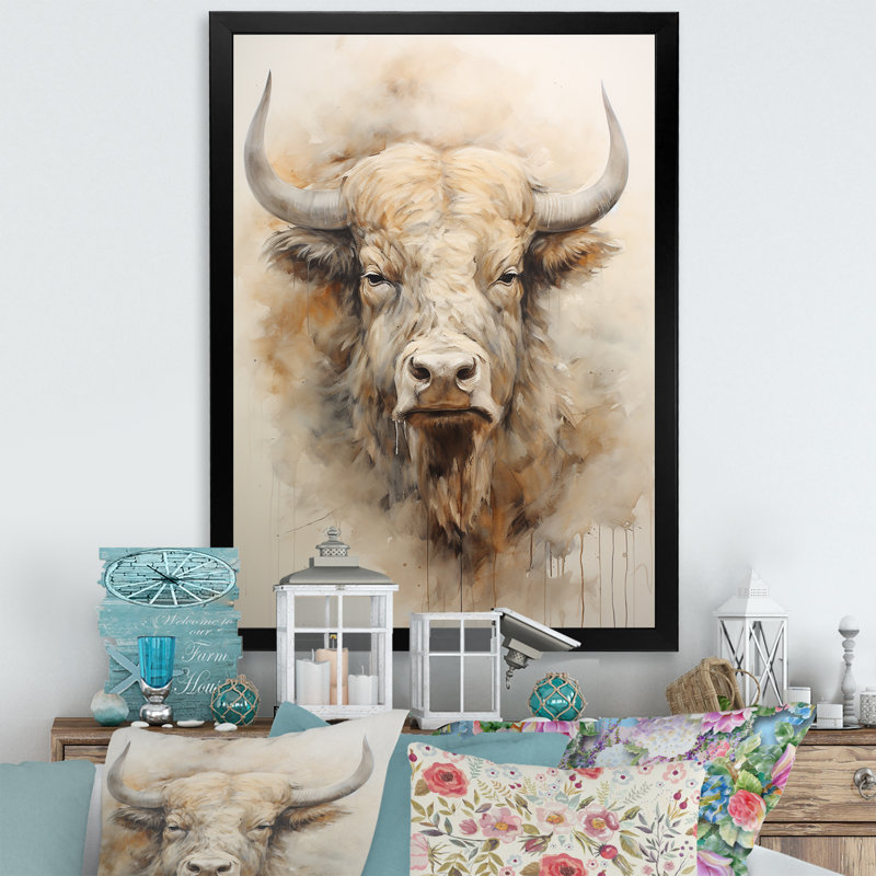Tête de bison Buffalo sur toile, Cadre simple noir, H 44 po x l 34 po x P 1,5 po