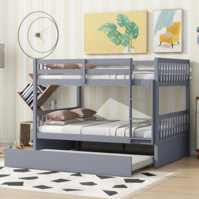 Lit superposé double au dessus d'un lit double avec gigogne simple, convertible en 2 lits doubles, structure en bois d'hévéa massif avec échelle et garde-corps, gris