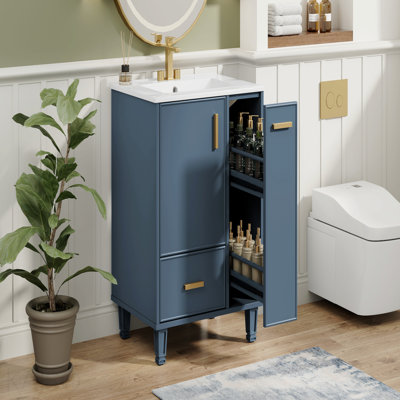 Meuble-lavabo 24 po avec lavabo, armoire de salle de bain avec tablette de porte, tiroir profond, panier coulissant à 2 niveaux, structure en bois massif et panneau de fibres à densité moyenne, un paquet, bleu gris