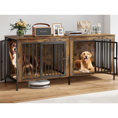 Mobilier de cage pour chien, très grand chenil à double porte avec cloison amovible, cage à chien en bois épais pour 2 grands / moyens chiens