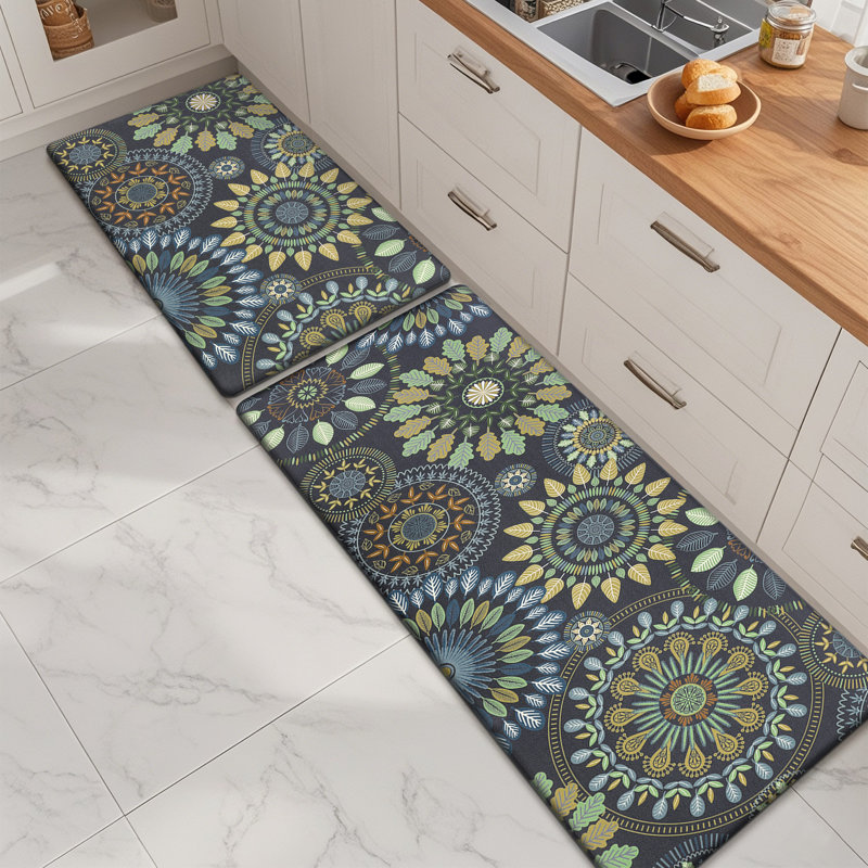 Jalissia Anti-Fatigue Non-Skid Kitchen Mat, Runner 18" x 30" + 18" x 48", Gray/Beige/Dark Green/Blue