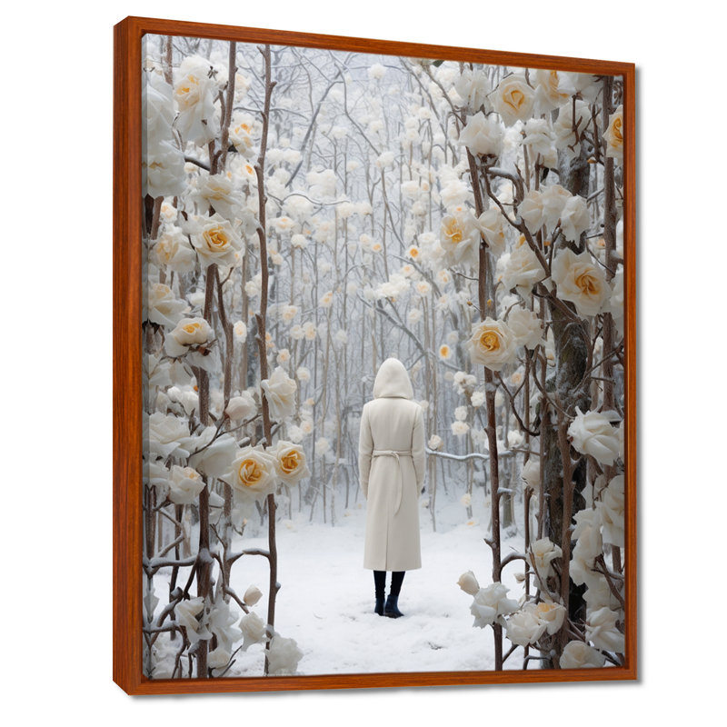 Portail d'hiver avec roses blanches, Toile avec cadre flottant brun, H 32 po x l 24 po x P 1 po