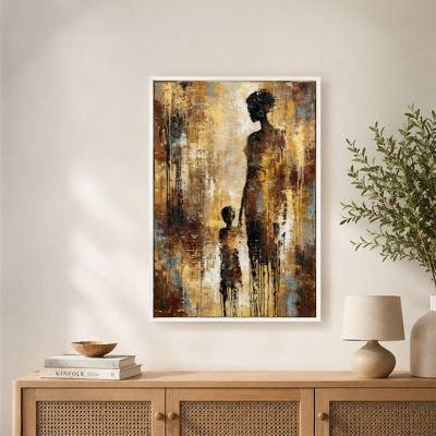 Woman and Child Holding Hands Silhouette Canvas Wall Art with Floating Frame, Ready to Hang