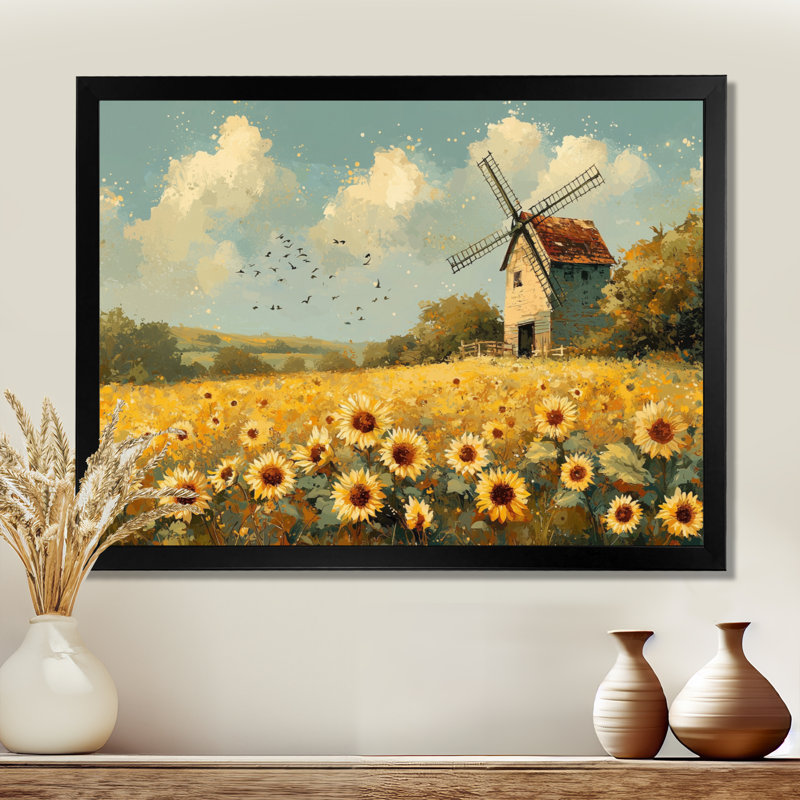 Drelon tournesols au moulin à vent en été I - art mural toile de tournesols, Reproduction encadrée d'une seule photo