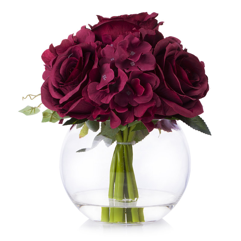 Burgundy Silk Hydrangea and Rose Arrangement in White Glass Vase