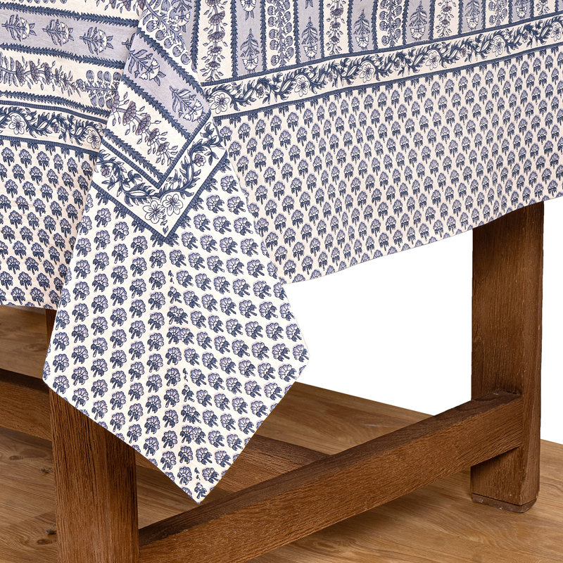 Avignon Handmade Floral Tablecloth, 128" x 71", Dijon/Blue