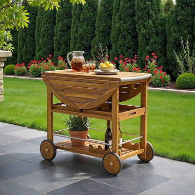 Chariot-bar d'extérieur en bois d'acacia avec plateau pliable et plateaux amovibles pour patio