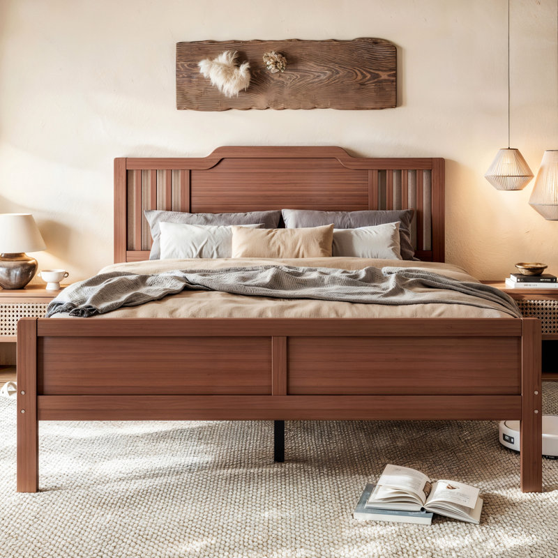 Lit plateforme double avec tête de lit haute, cadre de lit en bambou massif avec lattes de soutien, idéal pour une chambre à coucher ou une chambre d'amis, brun chaud