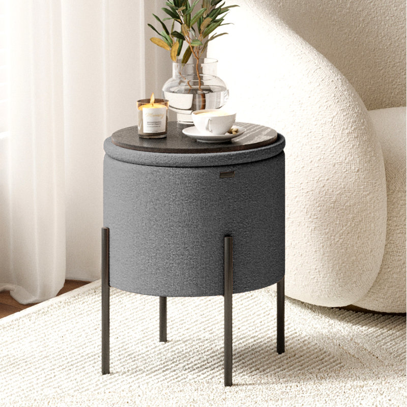 Modern Round Boucle Ottoman With Storage, Gray