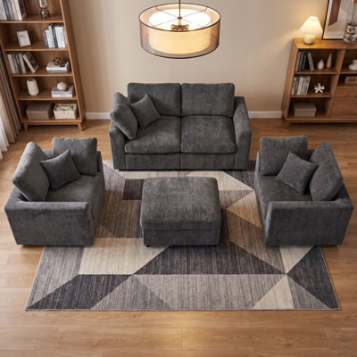Ensemble de canapé de salon 4 pièces avec 2 chaises d'appoint, causeuse et repose-pieds mobile - Ensemble de canapé en chenille avec structure en bois massif et 3 coussins décoratifs pour les espaces modernes