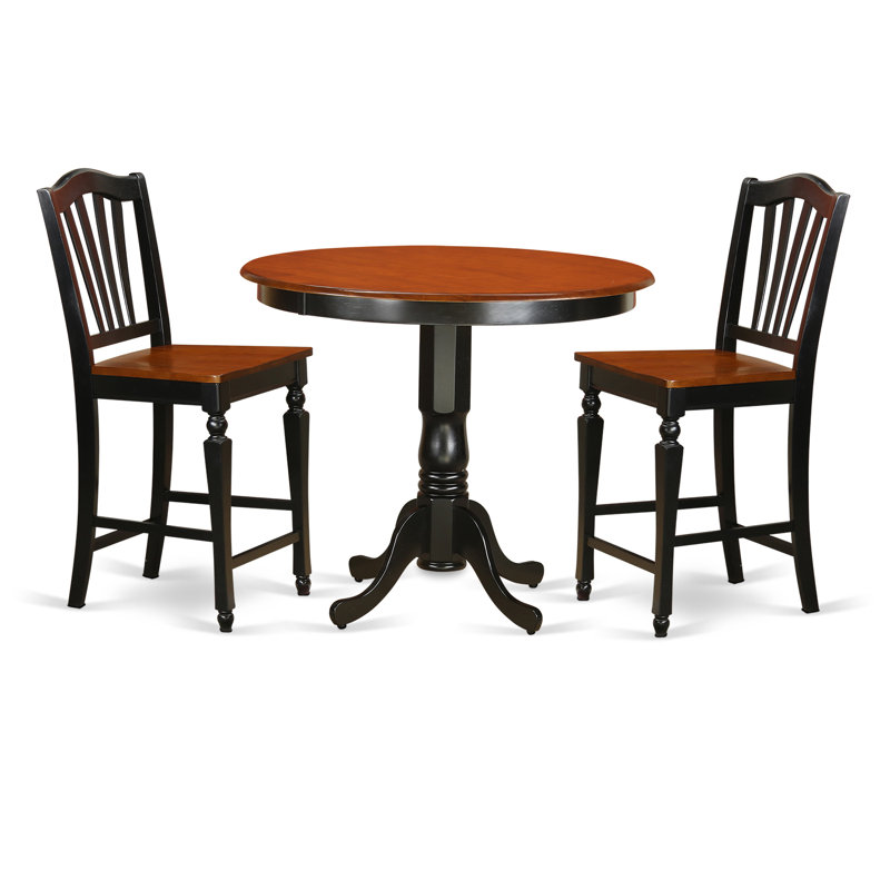 Ensemble de table de salle à manger 3 pièces à hauteur de comptoir comprenant une table ronde en bois et 2 chaises de cuisine, noir et cerisier