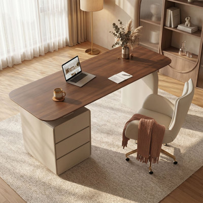 Bureau moderne avec rangement à 3 tiroirs, plateau en bois de noyer de 63 po avec base crème asymétrique pour le bureau